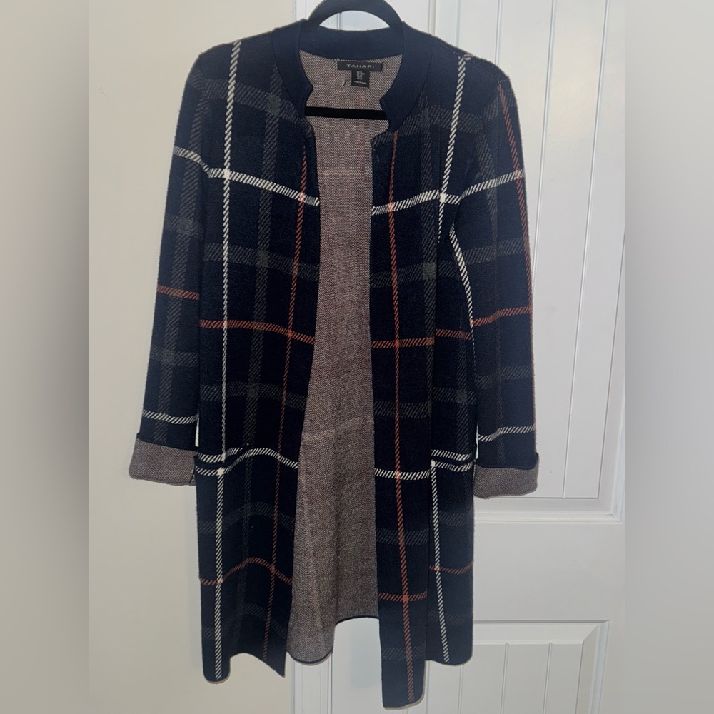 Tahari Black and Brown Plaid Cardigan